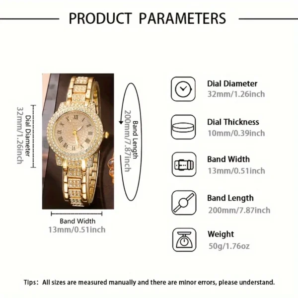 Gold watch with diamond details and specs.