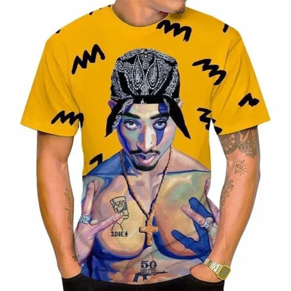 2024 New Men Fashion 3D Print Tupac T-shirt Summer Casual Personality Hip-hop Streetwear Cool T-shirt Men Clothing 2PAC T Shirt - Image 5