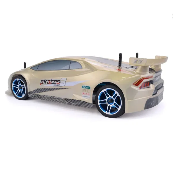 Gold remote control race car with blue rims.