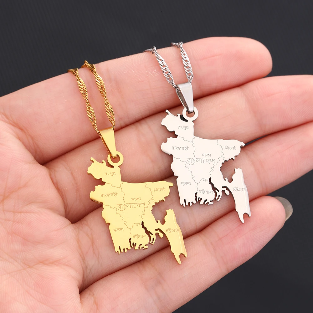 Gold and silver Bangladesh map necklaces.