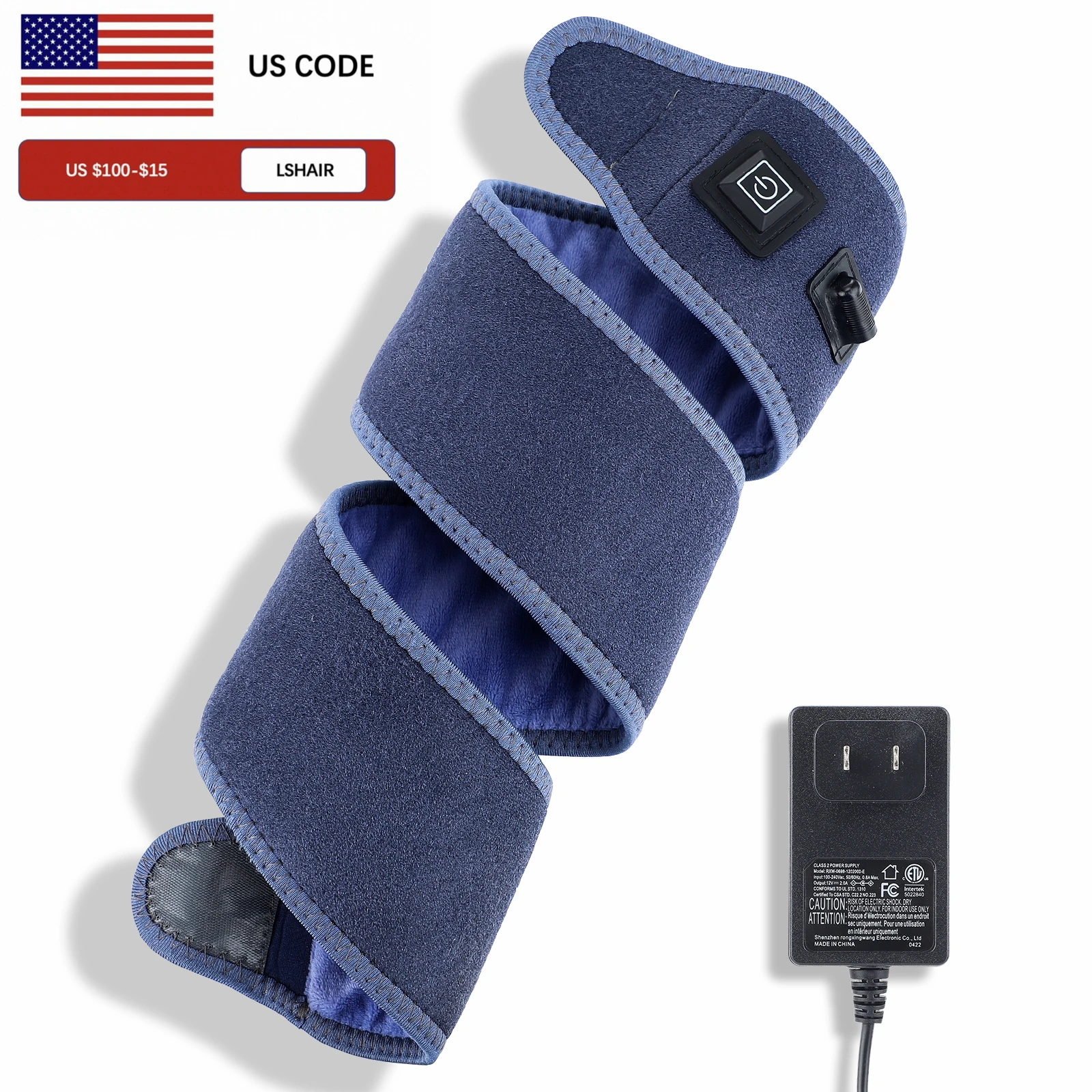 Blue heated wrap with power adapter.