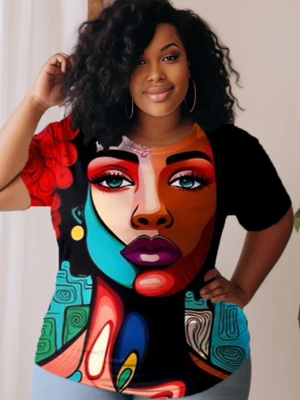 L-9XL Women's Plus Size Bust 202cm Round Neck Contrast Ethnic Black Girls Colorful Art Print Trendy Short sleeved T-shirt Top - Image 6