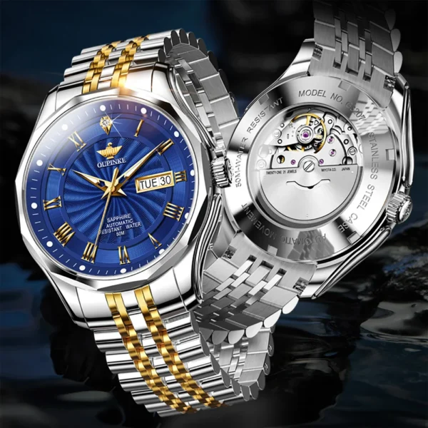 Gold and silver automatic wristwatch with blue face.