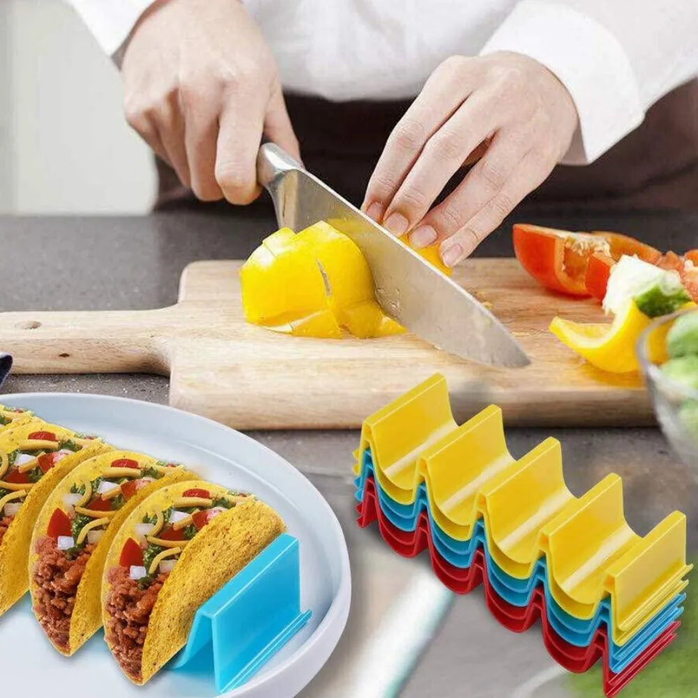 Colorful taco holders and a plate of tacos.