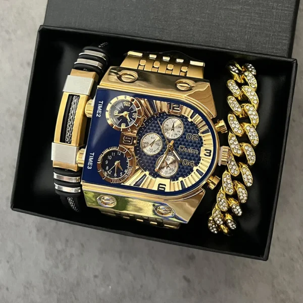 Gold watch set with blue face.