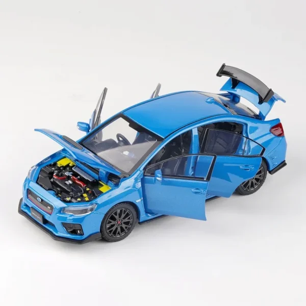 Blue Subaru WRX STI toy car with open doors.