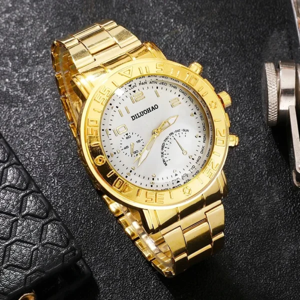 Gold analog wristwatch with a white face.