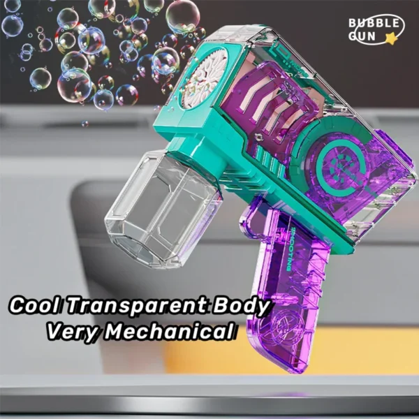 Transparent bubble gun with colorful gears.