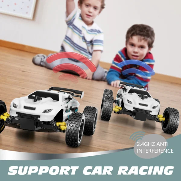 Two white remote control cars racing.