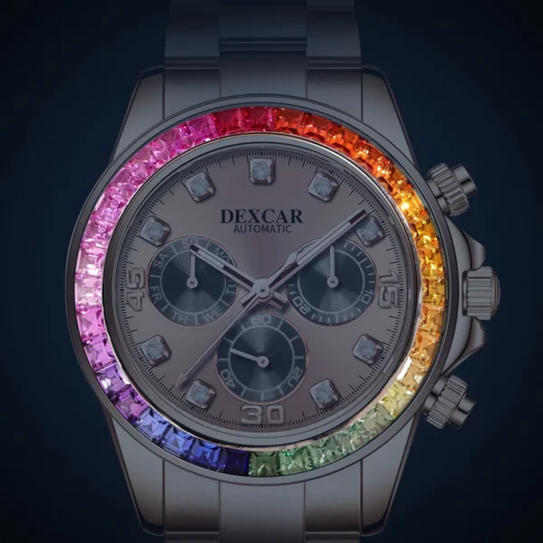 Black and rainbow jeweled chronograph watch.