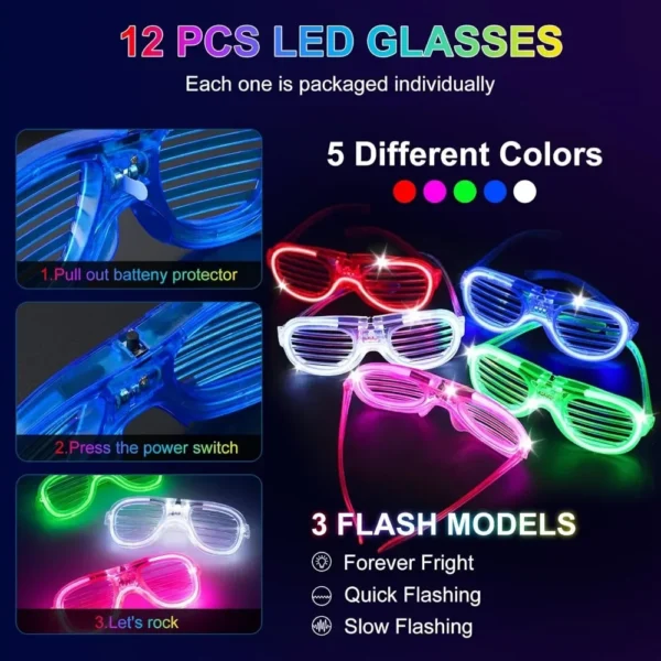 Multicolored LED glasses in 3 flash modes.