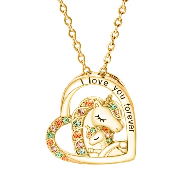 Gold heart necklace with unicorn and "I love you forever" inscription.