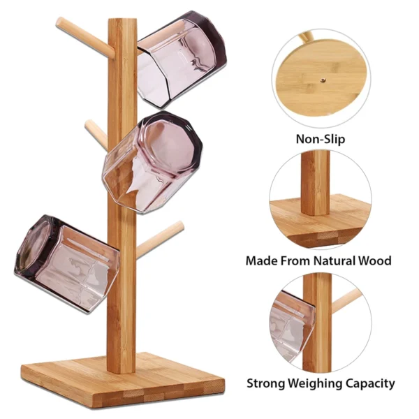 Bamboo mug drying rack with 4 hooks.