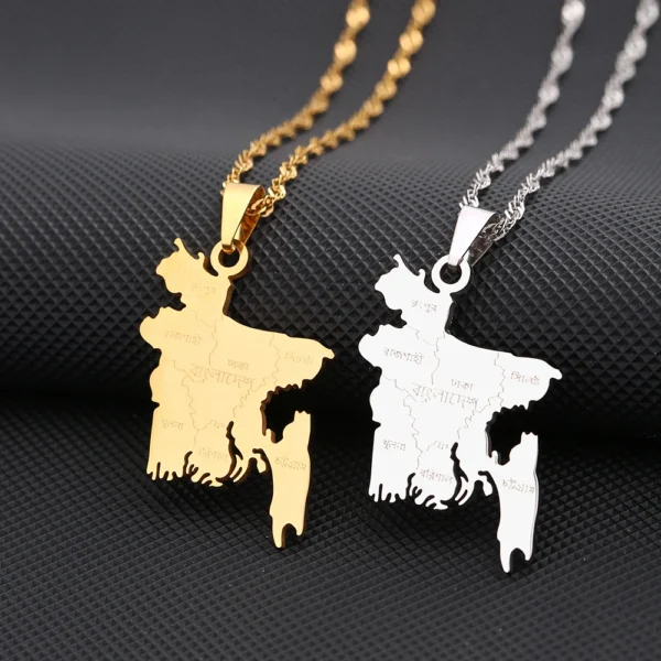 Gold and silver Bangladesh map necklaces.