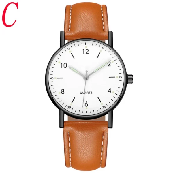 Brown leather strap analog quartz watch.