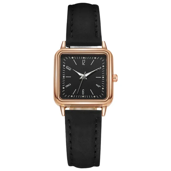 Black leather strap square analog watch.