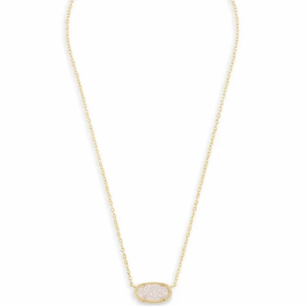 Gold chain necklace with white stone pendant.