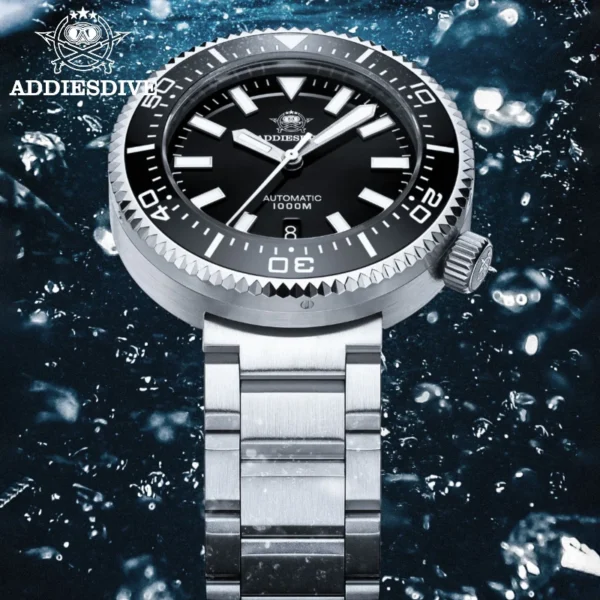 Silver and black automatic dive watch.