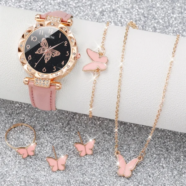 Pink butterfly watch and jewelry set.