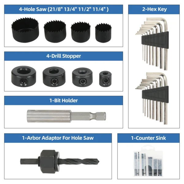 Hole saw set with accessories.