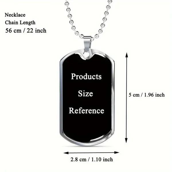 Black dog tag necklace with silver chain.