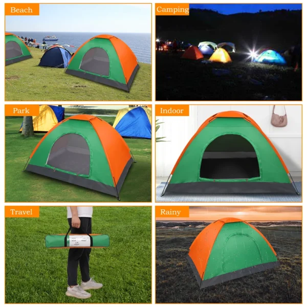 Orange and green camping tent on display.