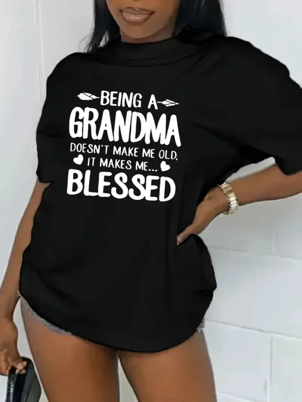 Blessed Grandma Print T-Shirt, Short Sleeve Crew Neck Casual Top For Spring & Summer, Women's Clothing - Image 2