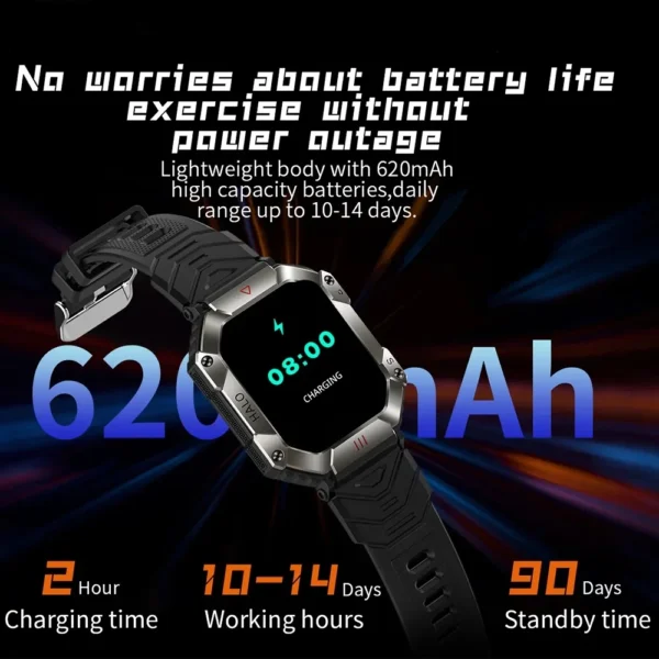 Black smartwatch with 620mAh battery.