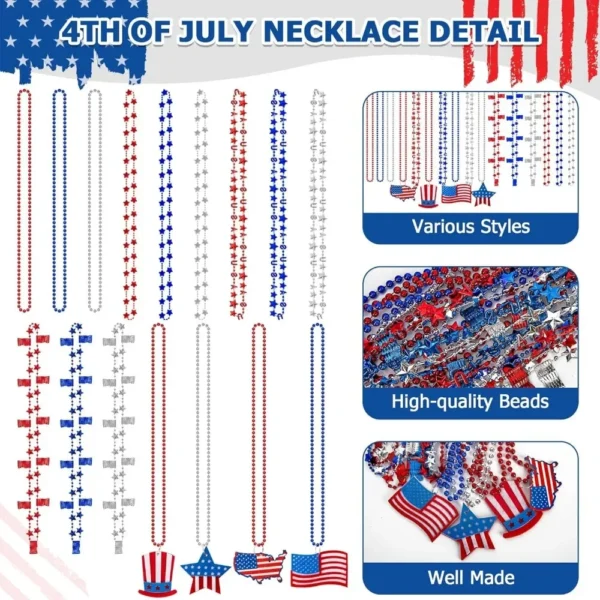 300PCS 4th of July Necklace, 16 Kinds Patriotic Independence Day Red Blue White Necklace USA Hat Flags Pendant - Image 3