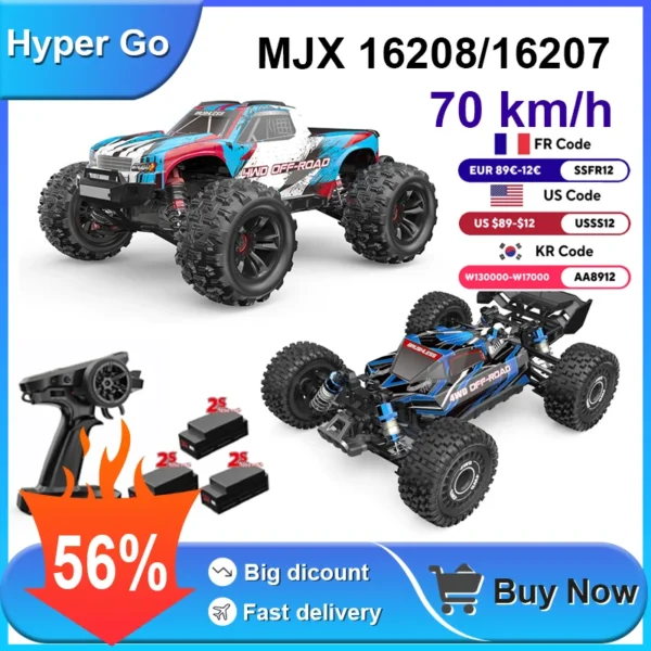 Two RC cars with remote control and batteries.