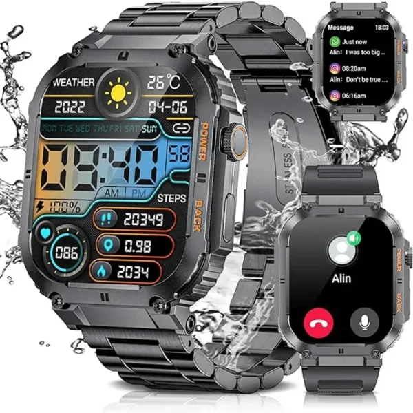 Black smartwatch with digital display and call screen.