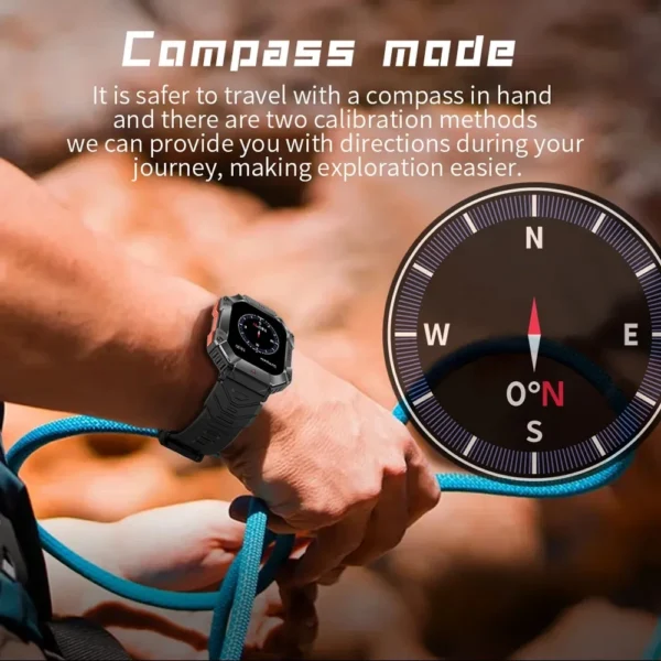 A person wearing a smartwatch with compass feature.