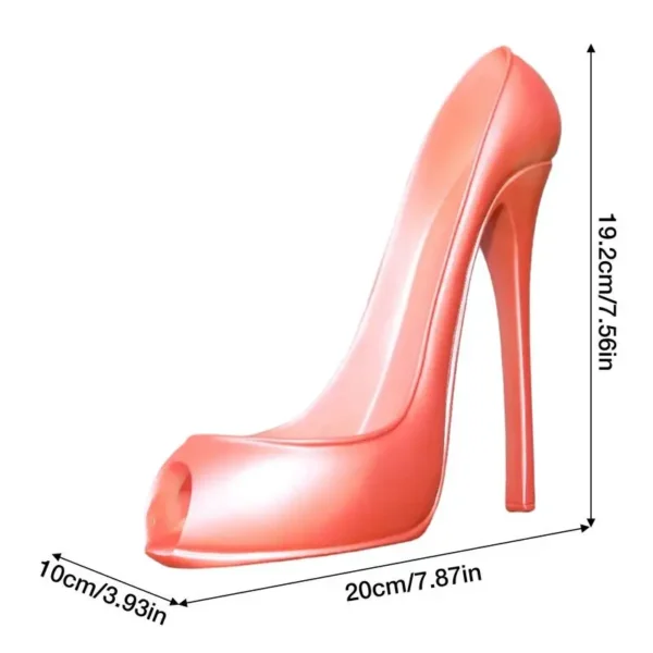 Pink high heel shoe with peep toe.