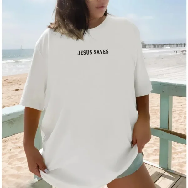 Jesus Saves There's Power in the Name of Jesus Oversized T-Shirt Christian Loose Tee Women Trendy Casual Cotton Aesthetic Top - Image 2