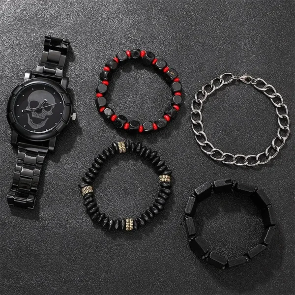 Black skull watch with beaded bracelets.