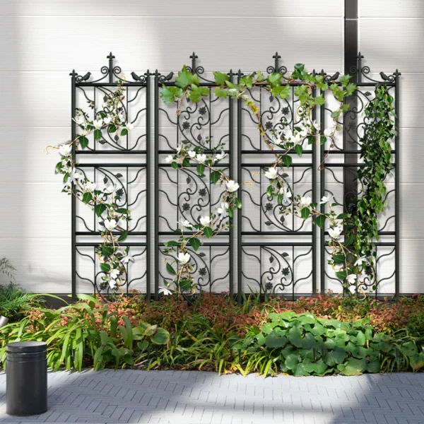 Ornamental metal trellis with climbing vines.