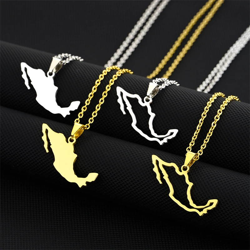 Gold and silver Mexico map necklaces.