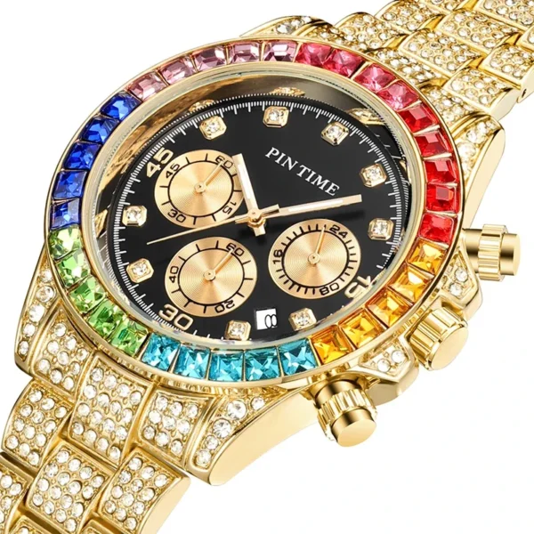 Gold chronograph watch with rainbow gems.