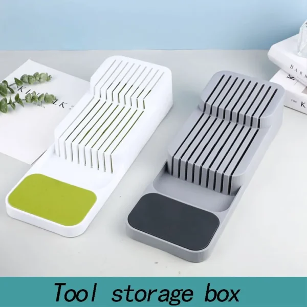 White and gray knife storage box.