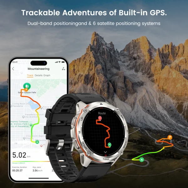 Smartwatch tracking a mountain hike.