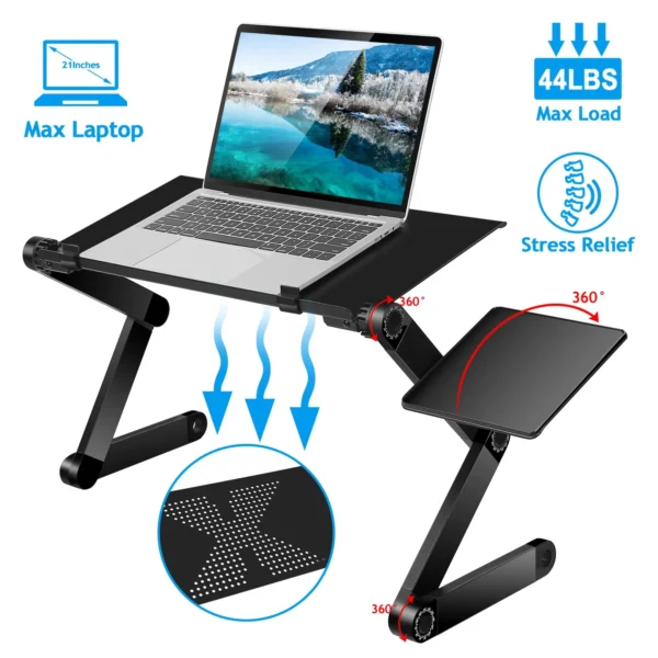 Black laptop stand with adjustable height and cooling fan.