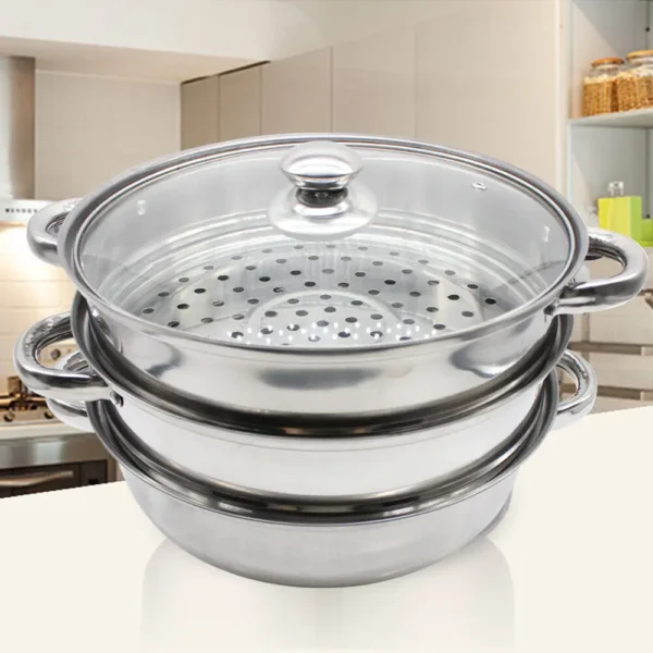 Stainless steel steamer with glass lid.