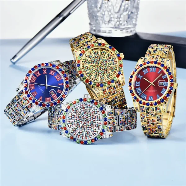 Four jeweled watches on a blue background.