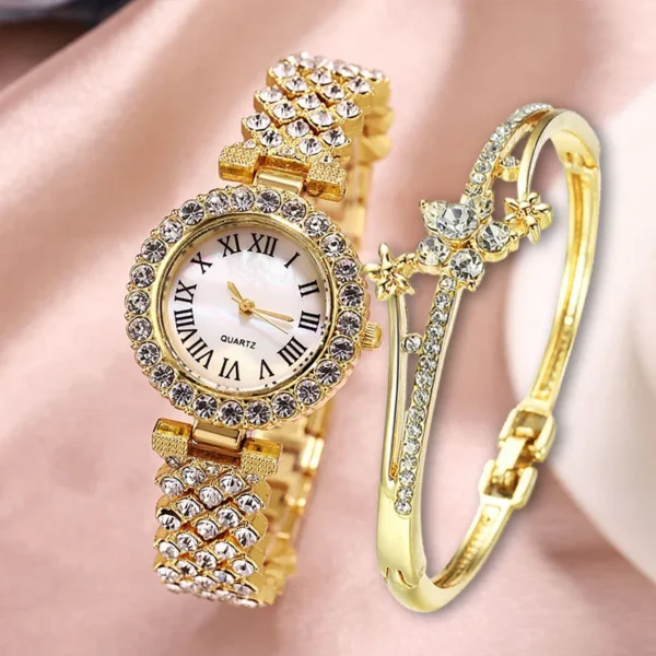 Gold rhinestone watch and bracelet set.