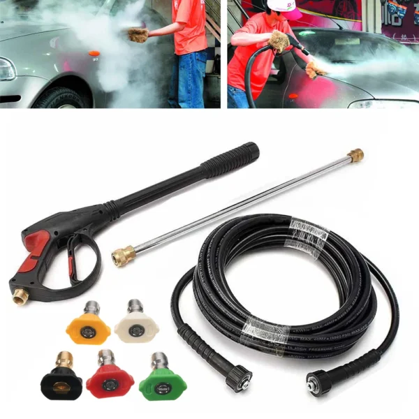 Pressure washer with hose and nozzles.