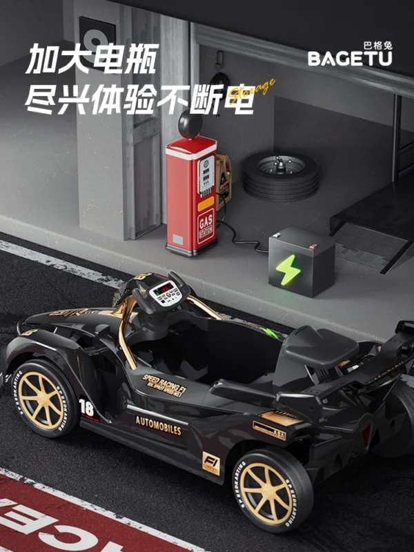 Black toy race car with gold wheels.