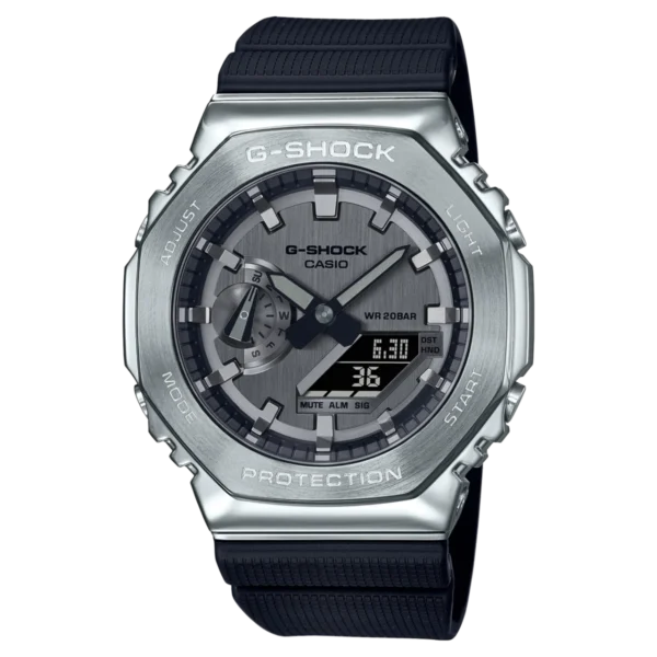 Silver G-Shock watch with black band.