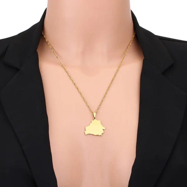 Gold necklace with Belarus map pendant.