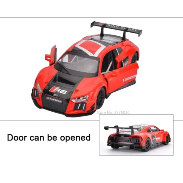 Red Audi R8 diecast toy car with open doors.