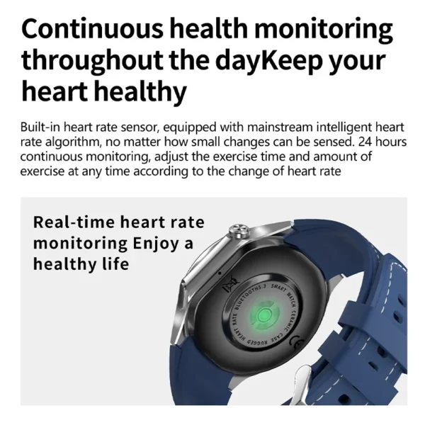 Blue smartwatch with heart rate monitor.